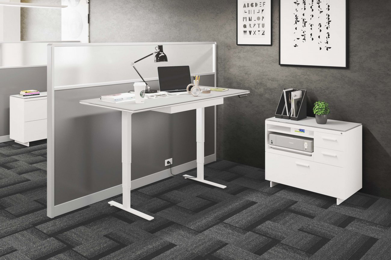 Centro 64522 Lift Standing Desk Smooth Satin White / Grey Glass